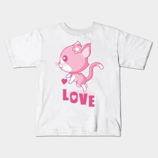 Hovering pink kitten in love. Kids T-Shirt